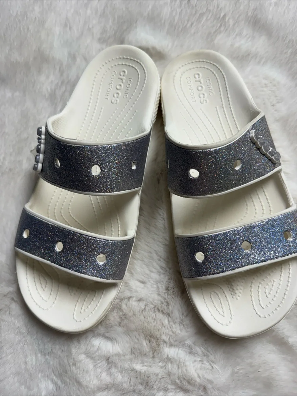 CROCS White Slides with Silver Straps